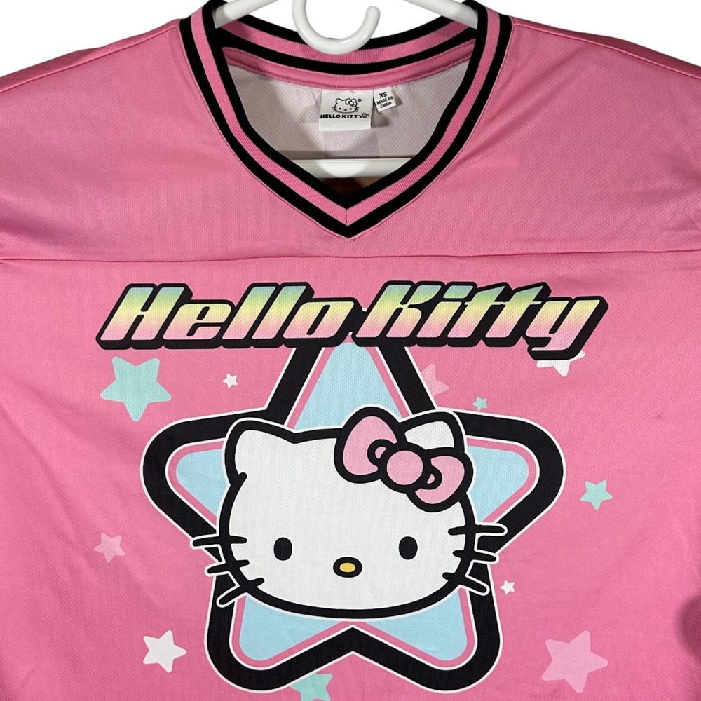 Sanrio Hello Kitty Pink Cropped Jersey Star Graphic Mesh V-Neck Top XS NEW